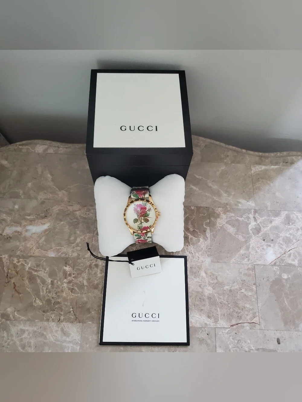 Gucci Stainless Steel Calfskin 38mm G-Timeless Floral Quartz Watch Gold Ivory